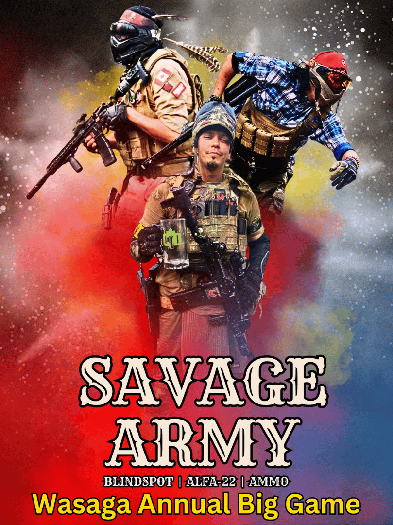 Savage Army Wasaga Annual Big Game 2024 Paintball-Eventposter mit Erinnerungen eines Sturmkriegers